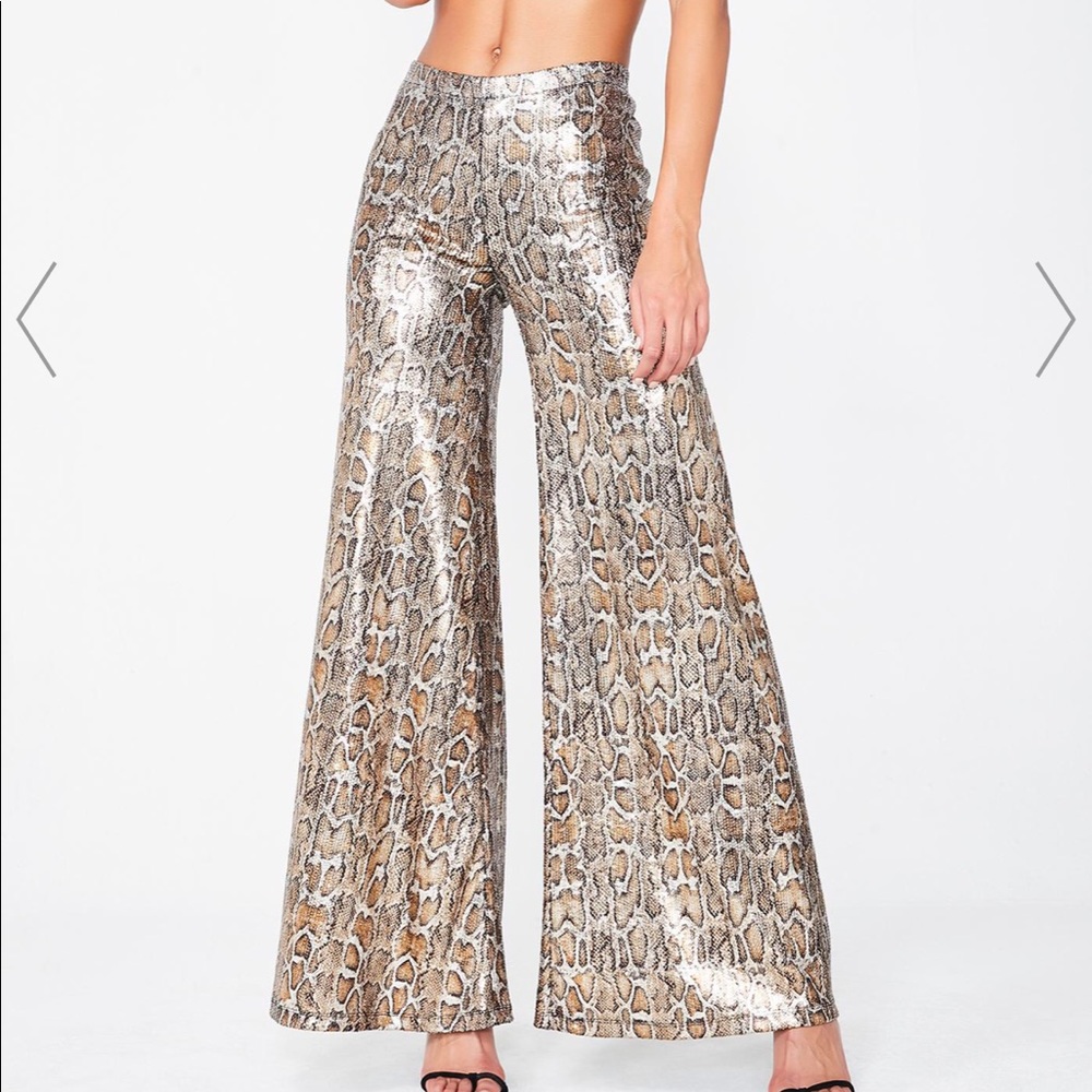 Dolls Kill Snake Print Wide Leg Pants - Silver and Brown